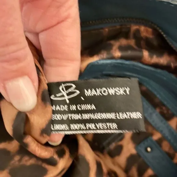 B Makowsky Teal Blue Leather Shoulder Bag w/ Studs + Leopard - Picture 5 of 10